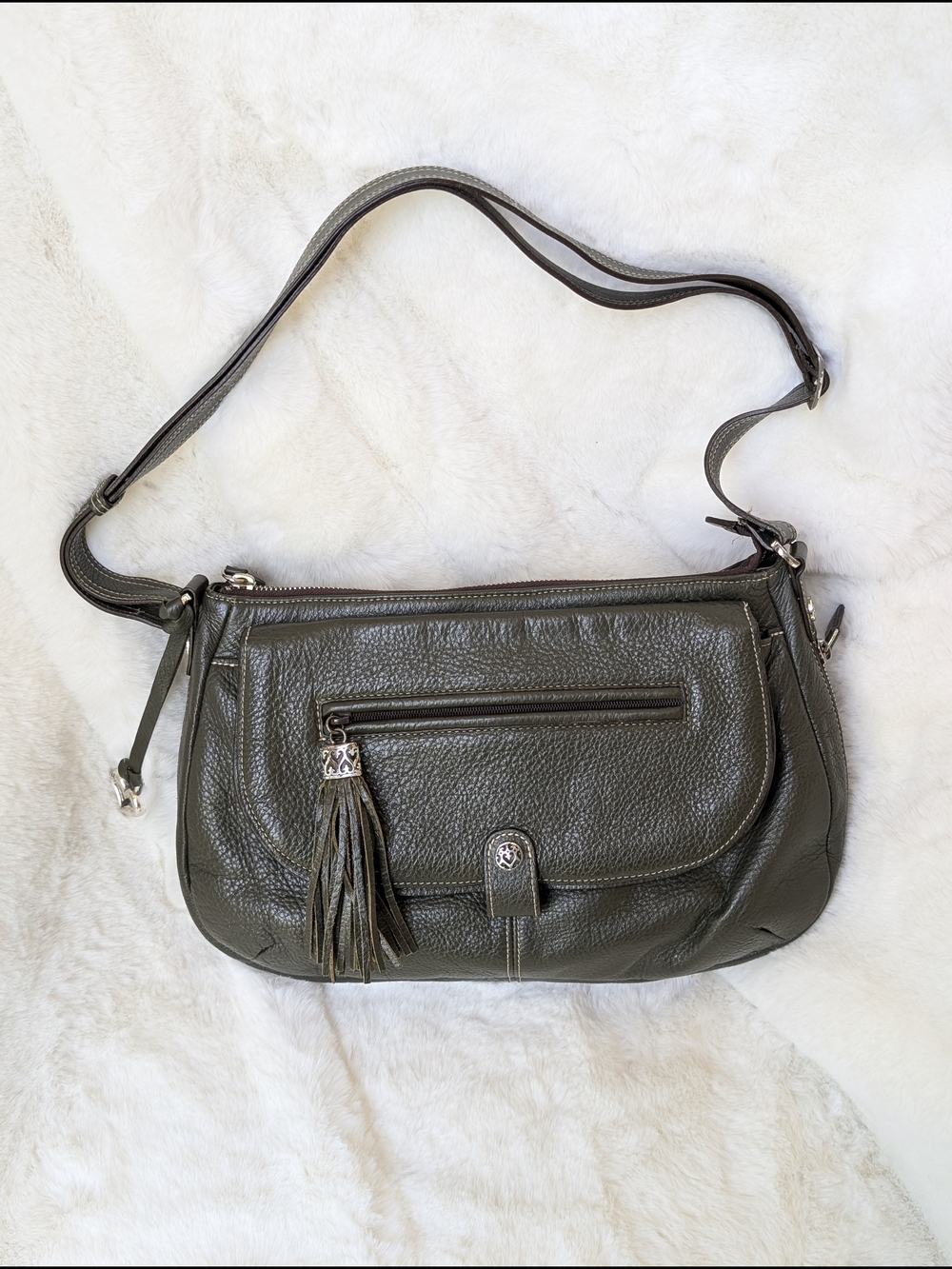 Brighton Olive Green Leather Shoulder Bag with Tassel